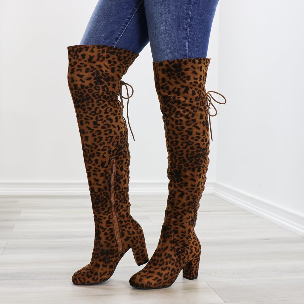 Suede Leopard Thigh High Heeled Boots Back Laces - Picture 8 of 15